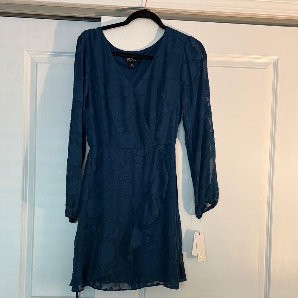 BCX Deep Teal Floral Textured Wrap-Style Long Sleeve Dress